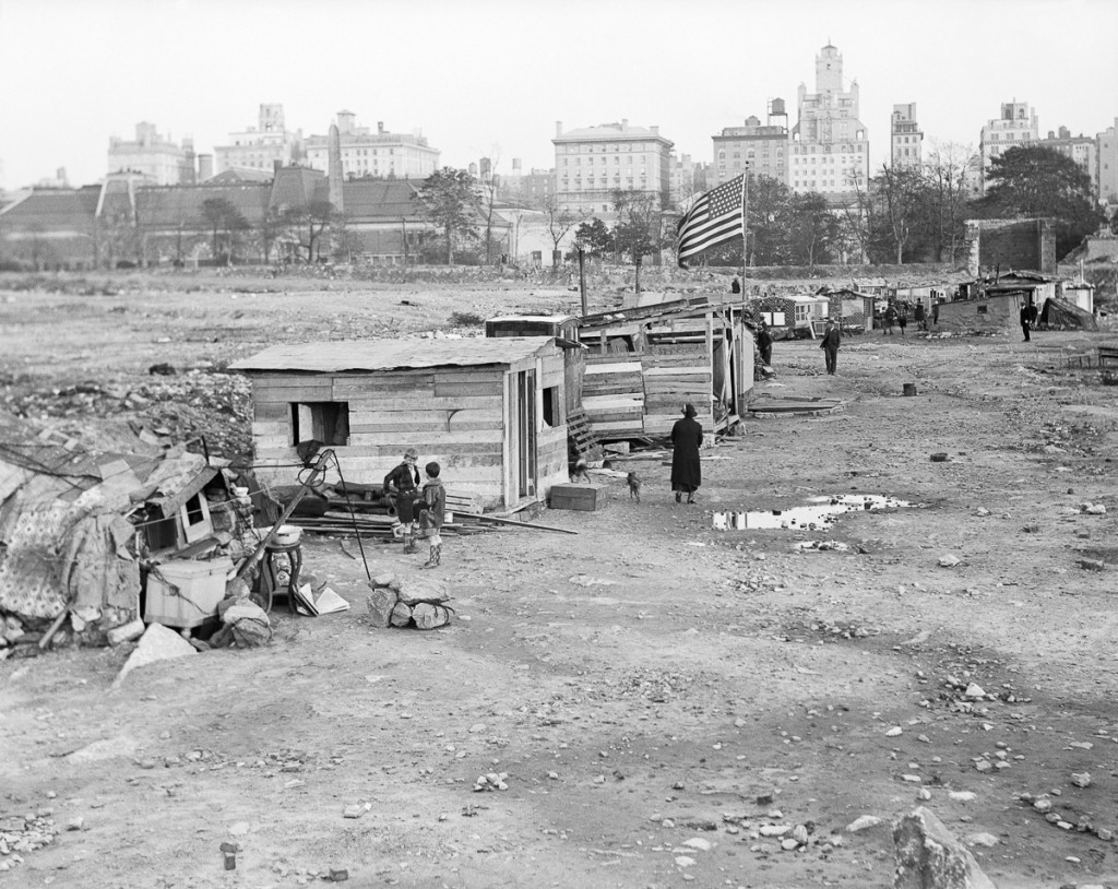 1837, Manhattan, New York City, New York State, USA --- Original caption: New York City: Depression shacks "Hoover Village" in the old Central Park reservoir. Undated photograph. --- Image by © Bettmann/CORBIS